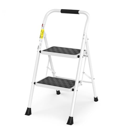 2 Step Ladder,2 Step Stool for Adults Folding Step Stool with 2-Step White