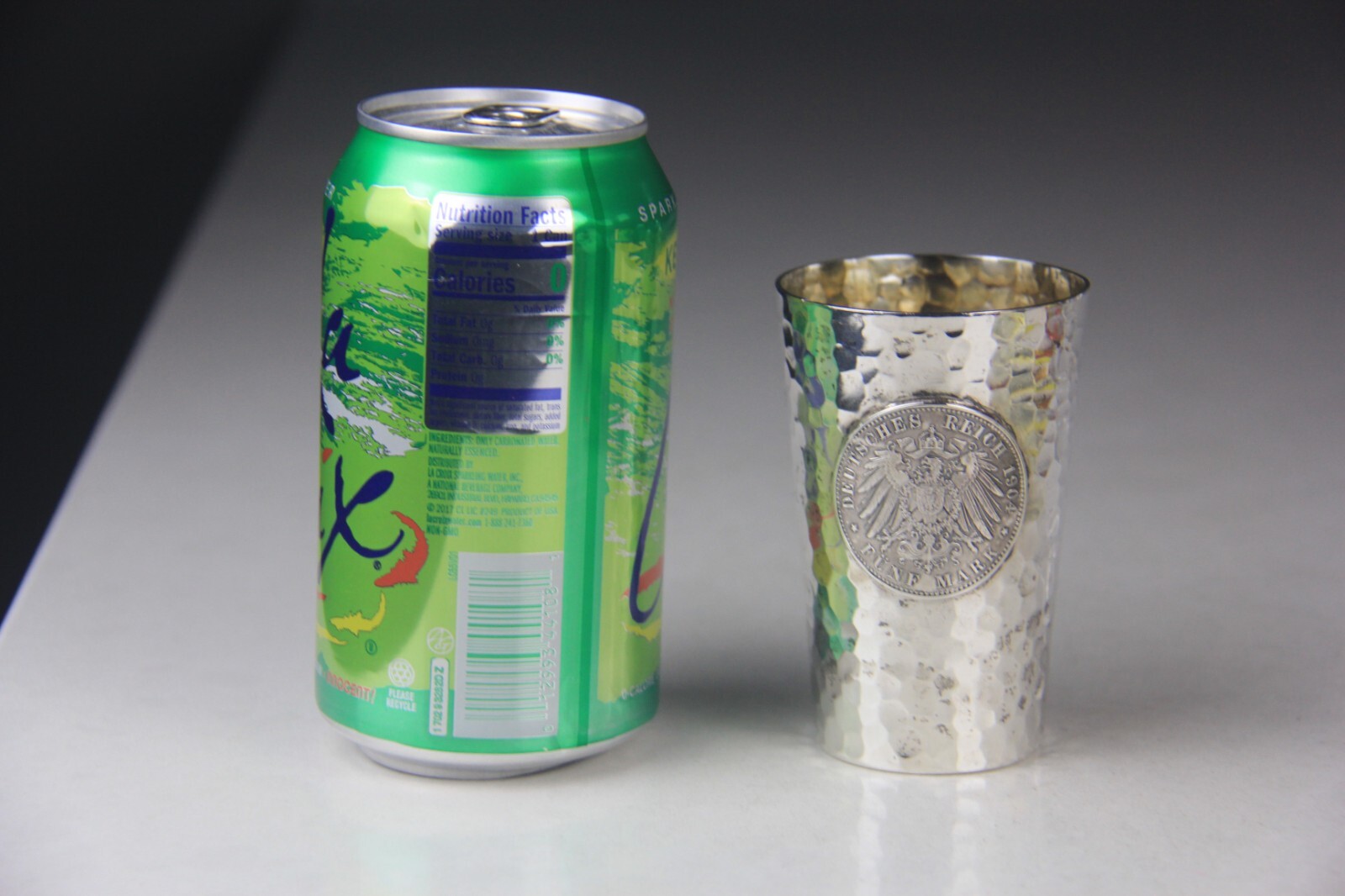 1904 German Hammered 800 Silver Beaker w/Hesse-Darmstadt 5 Mark Coin Attached