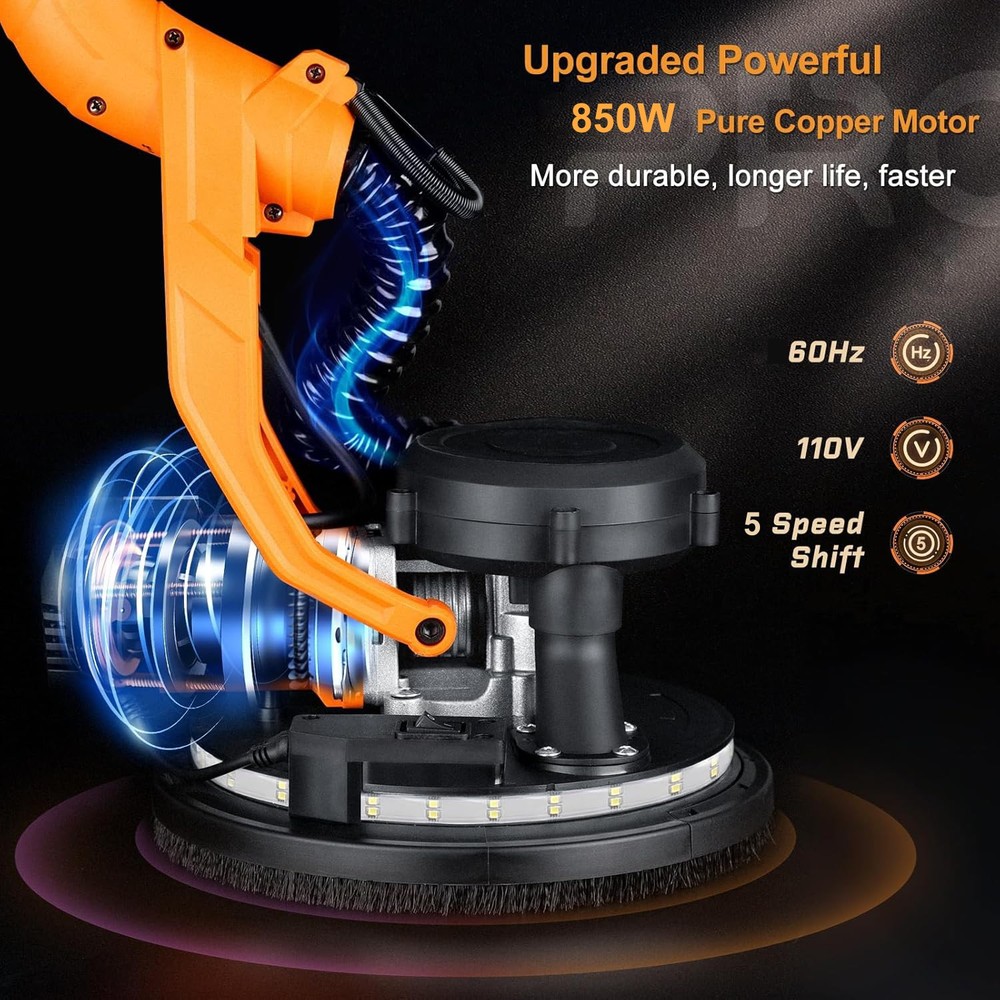 Electric Foldable Drywall Sander 850W Variable Speed w/Automatic Vacuum & Lights