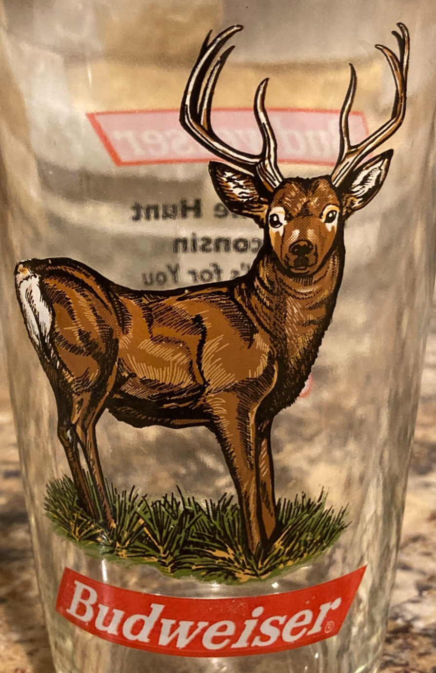 Budweiser Beer Pint Glass ~ Whitetail Deer / Buck ~ "After the Hunt Wisconsin"