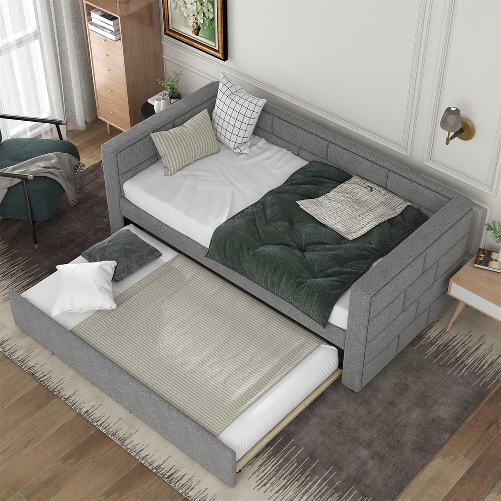 Twin Size Daybed w/ Pull Out Trundle Bed Upholstered Bed Frame Sofa Bed Gray US