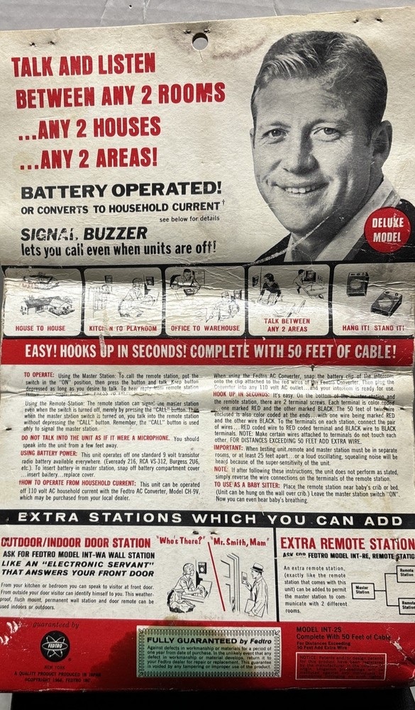 1966 TRANSISTORIZED FEDTRO New WIRELESS INTERCOM 2-STATION DELUXE MICKEY MANTLE