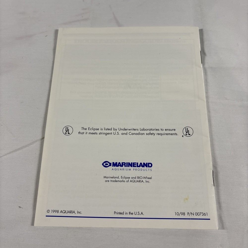 Marineland Eclipse Filtration & Illumination System Owners Manual 1998