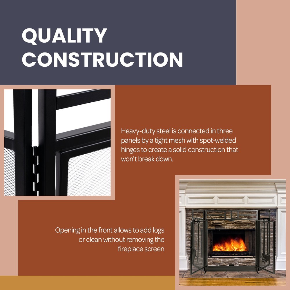 Fireplace Screen 3 Panel Fireplace Gate with Doors and 4PC Tools Set, Black