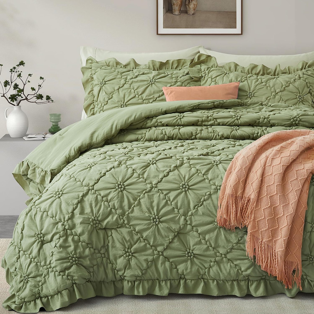 Queen Size Comforter Set 3PCS Bed Boho Down-Alternative Bedding Sage Green 90x88