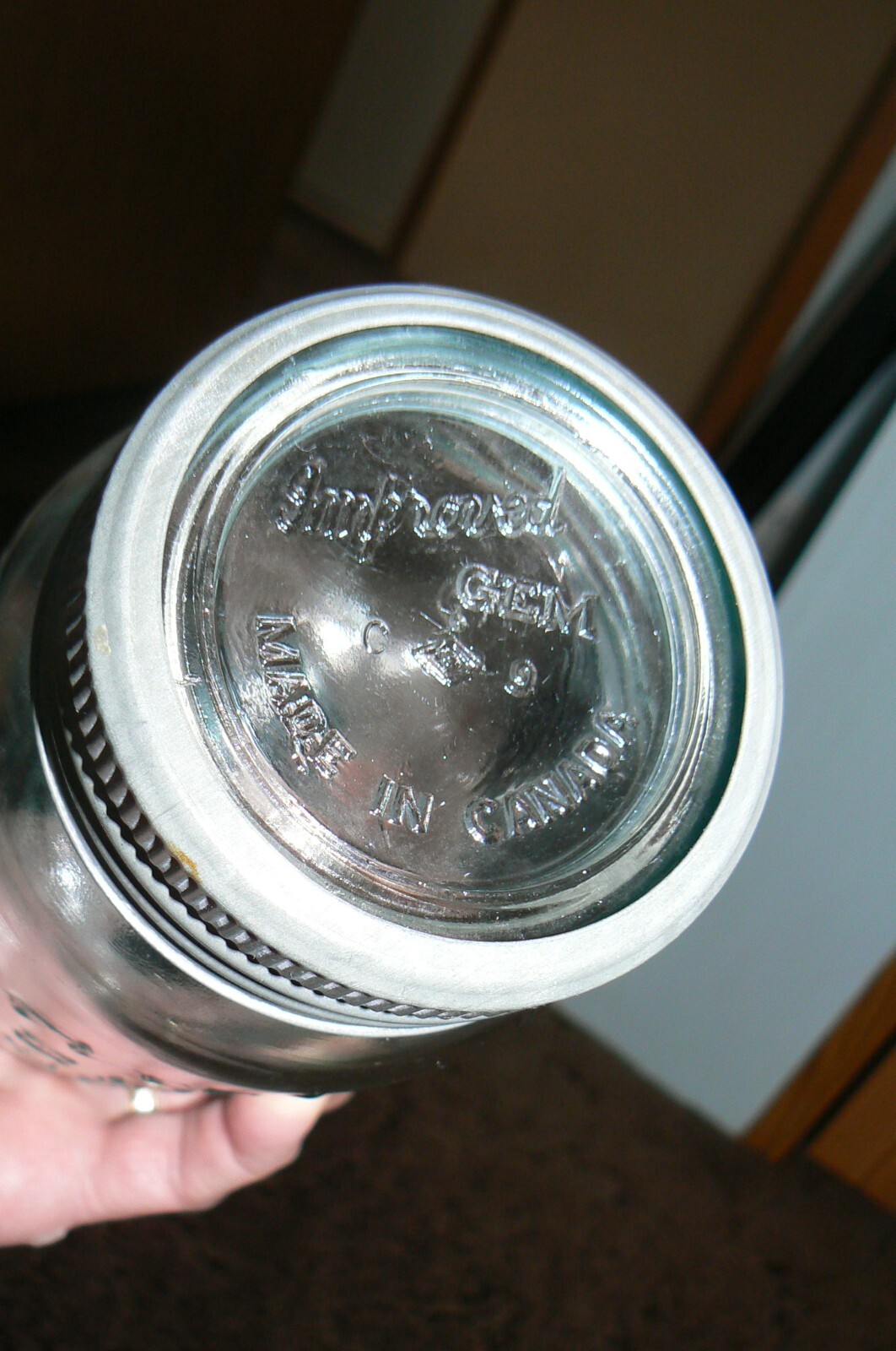 RARE 1920s Qt. Improved Gem Blue glass canning jar made by ( SDH ) from Canada,