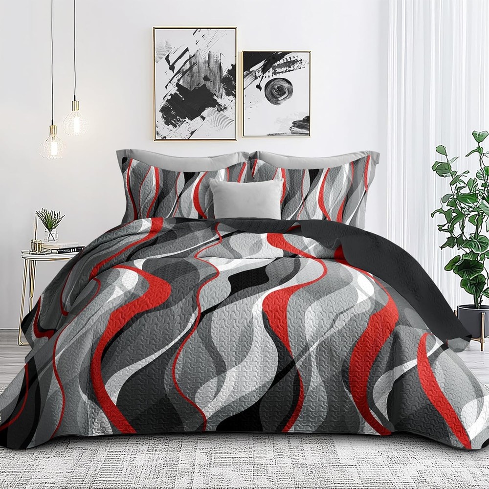 Classic Line Pattern Bedding Quilt King Size Modern Grey Red & Black Stripe