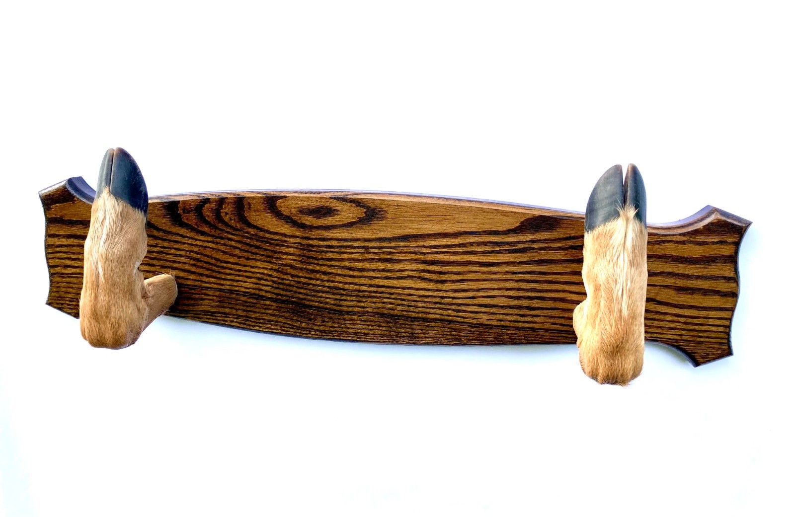 Taxidermy Deer Hoof Foot Feet Gun Rack on Oak Plaque Gunrack Dark Walnut stain