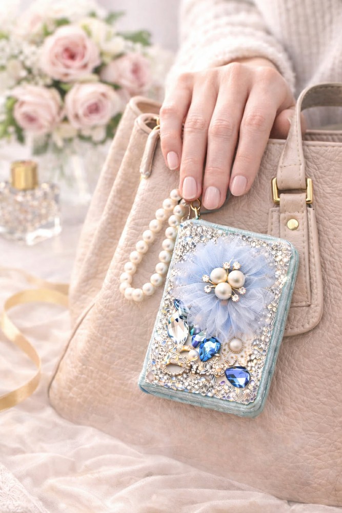 Rhinestone Keychain Mirror Charm Pearl Strap Sparkle Keyring Bag Accessory