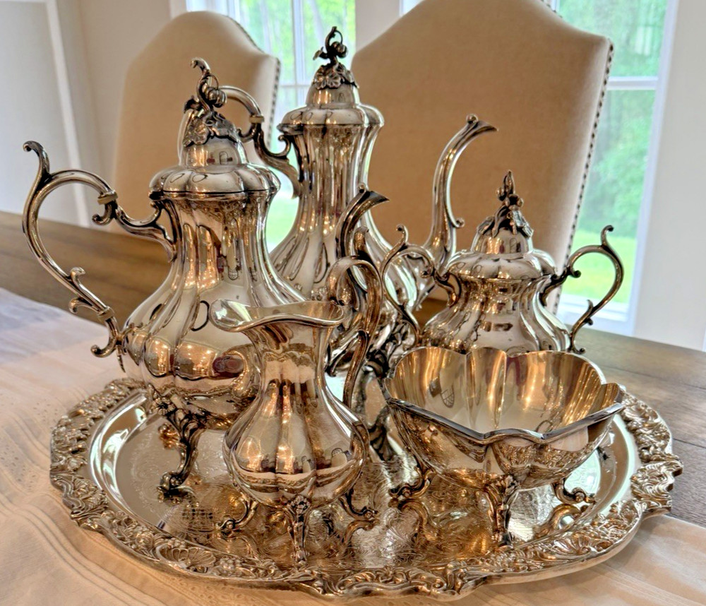 Reed & Barton Winthrop #1795 6 Pc Silverplate Tea Set w Towle 19” Tray