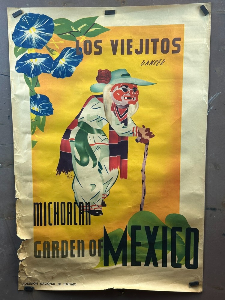 Vtg 50s Garden of Mexico Los Viejitos Dancer Original Tourism Poster 23"x35" O1