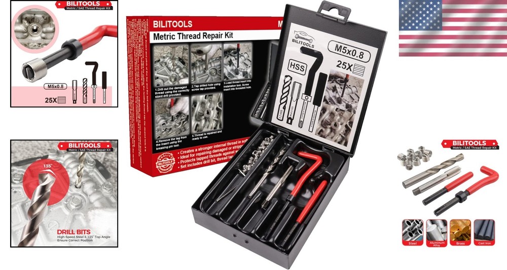 HSS M5x0.8 Thread Repair Kit with Durable 304 Stainless Inserts - Lightweight