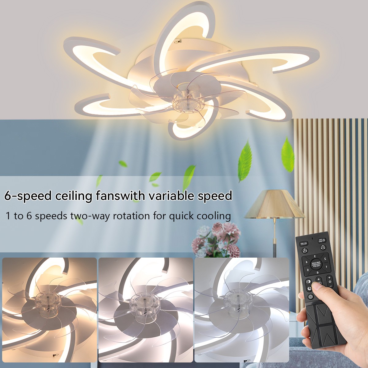 Control,Geometric Colors Fan Speeds& Bladeless,White Bedroom Remote 6 Ceiling 3