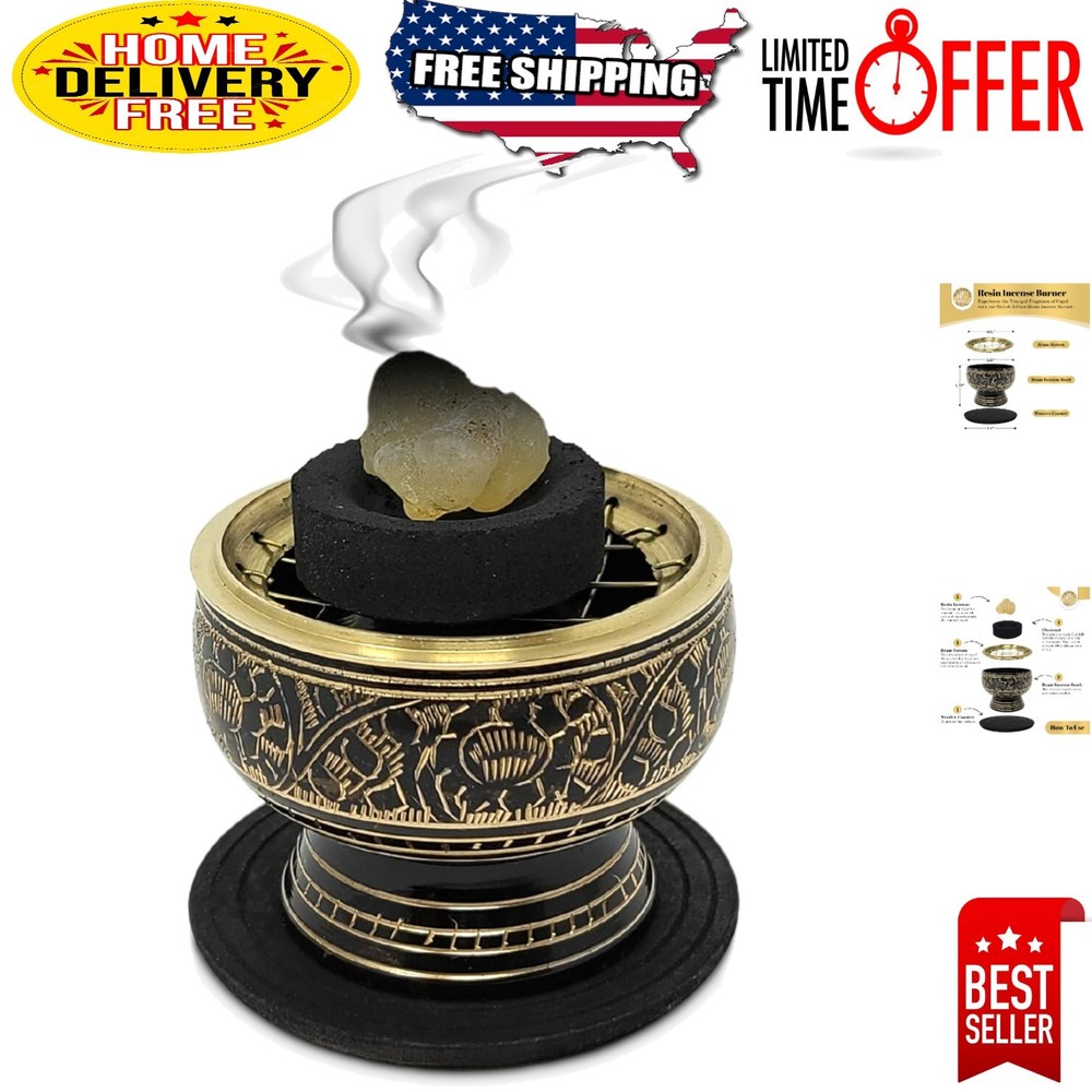 Compact Brass Charcoal Incense Burner with Intricate Patterns & Coaster Included