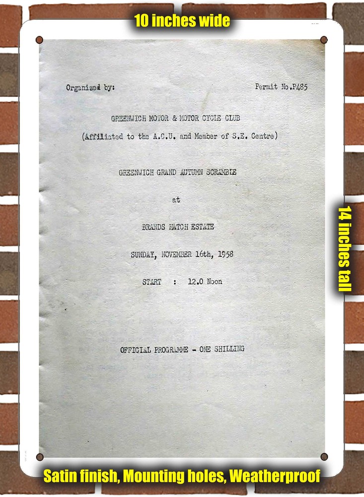 Metal Sign - 1958 Brands Hatch Circuit Racing Program - 10x14 inches