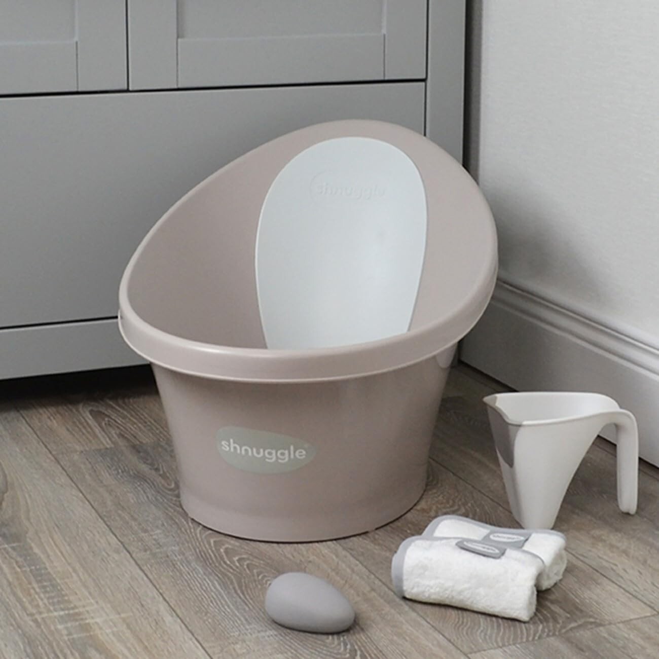 Shnuggle Newborn Baby Bath | Built in Support Bump and Soft Backrest - Taupe