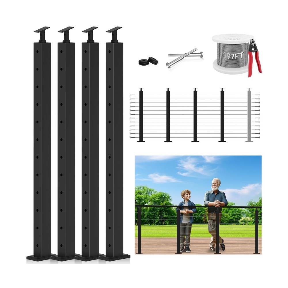 42" One-Stop Cable Railing Post Kit - 4 Adjustable Top Level Drilled Line Pos...