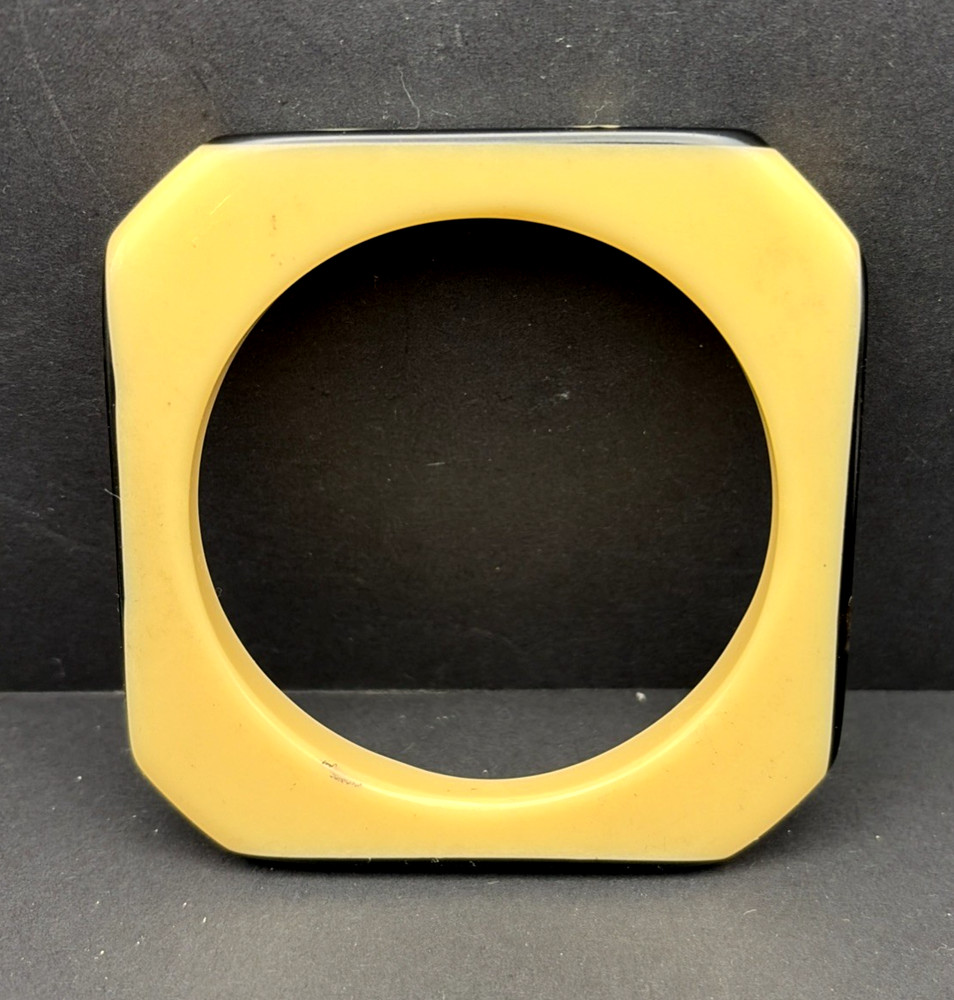 Bakelite Ivory & Black Carved Flowers Octagonal Bangle Bracelet Untested