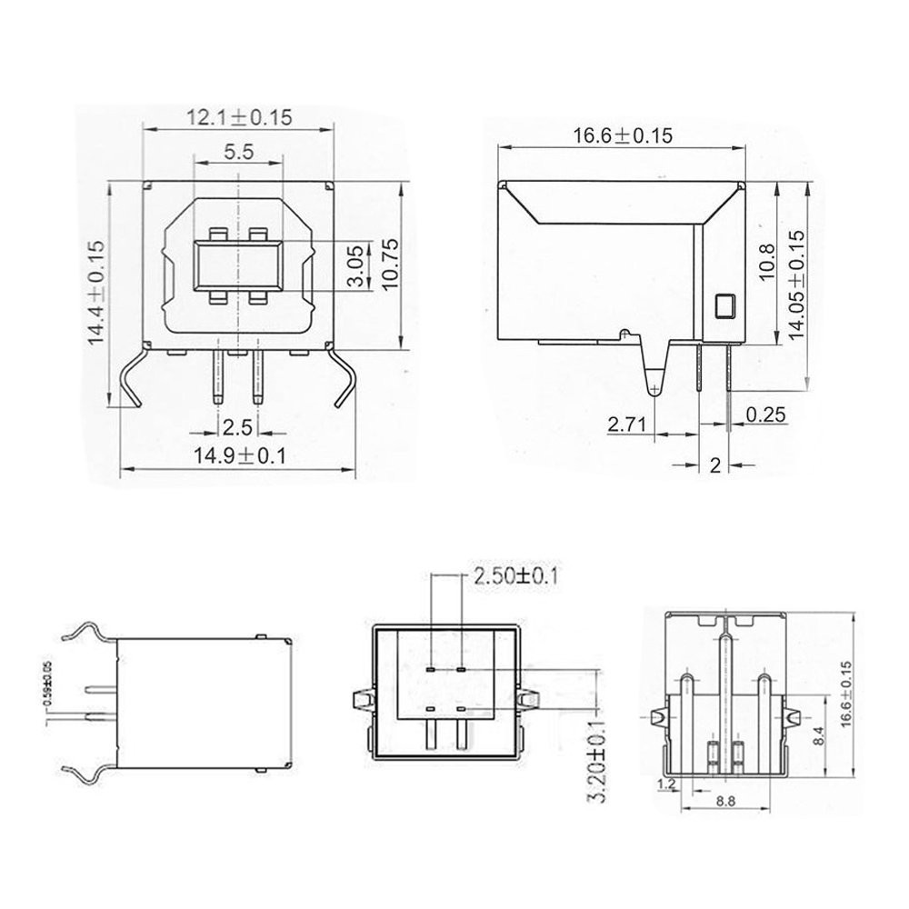 USB Type-B 4-Pin Right Angle PCB DIP Jack Socket - 10 Pack