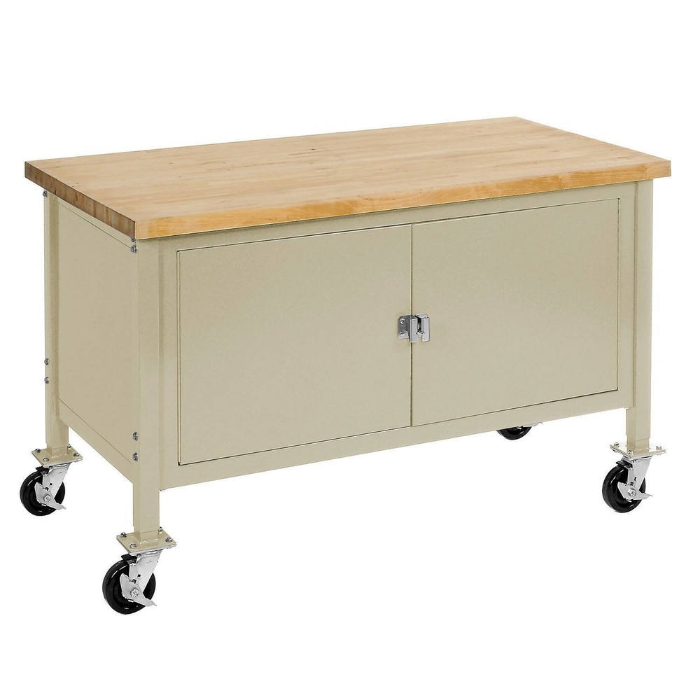 Mobile Workbench with Security Cabinet Maple Butcher Block Square Edge 60"W x