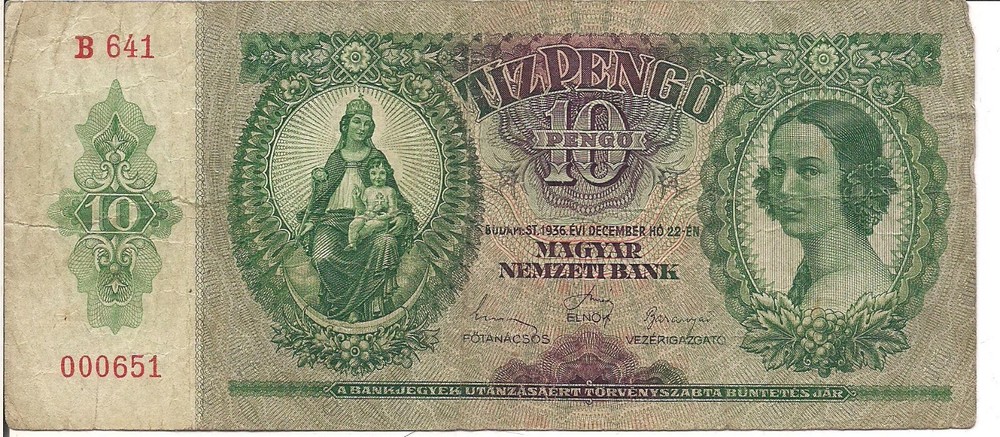 HUNGARY, 10 PENGO, Lady, 1936
