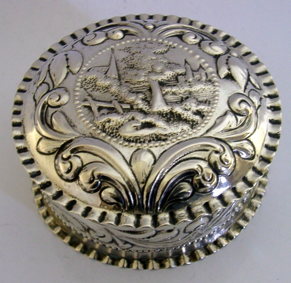 LARGE 198g GERMAN HANAU SOLID SILVER PICTURE TOP TABLE BOX c1900 ANTIQUE