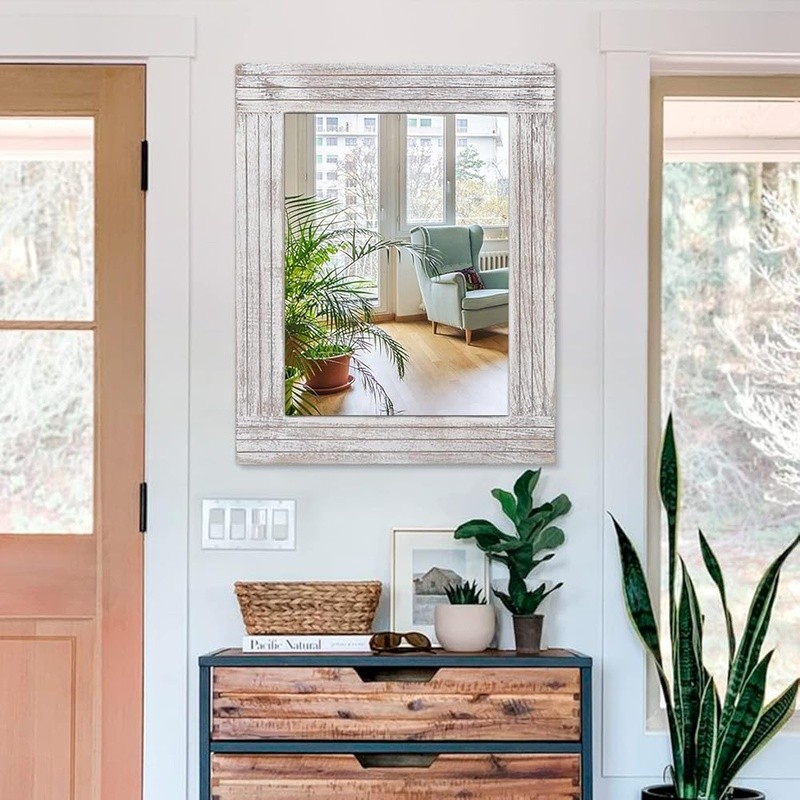 Rustic Wooden Wall Mirror Rectangular Frame Durable Decorative Accent Home Decor