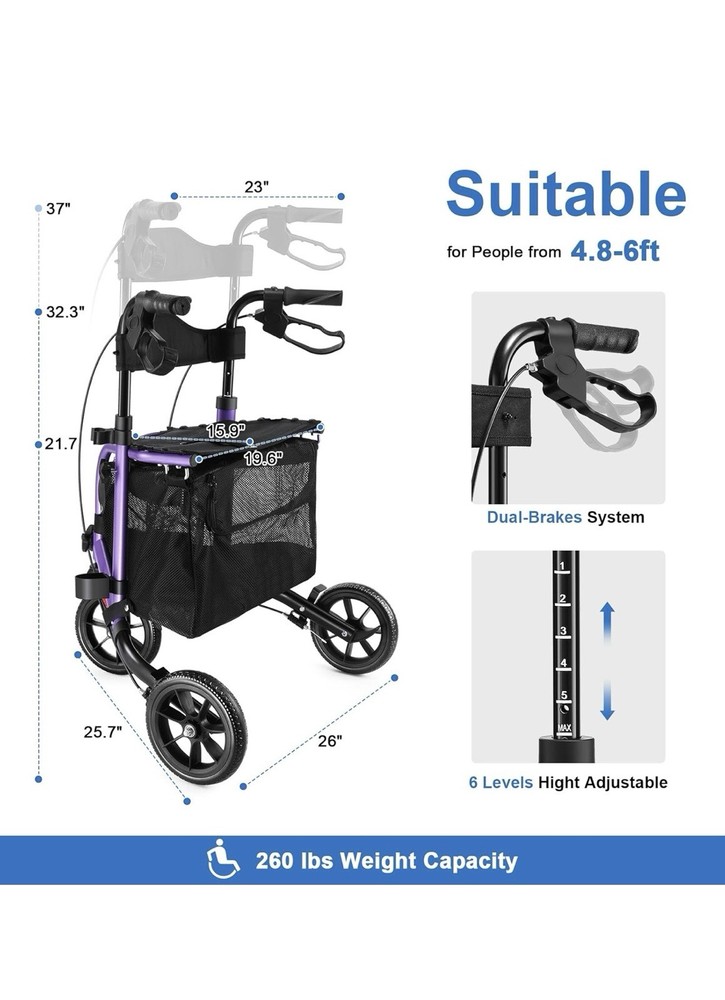 WALK MATE 3 Wheels Rollator Walker 10Lb Seat Backrest Lightweight Foldable