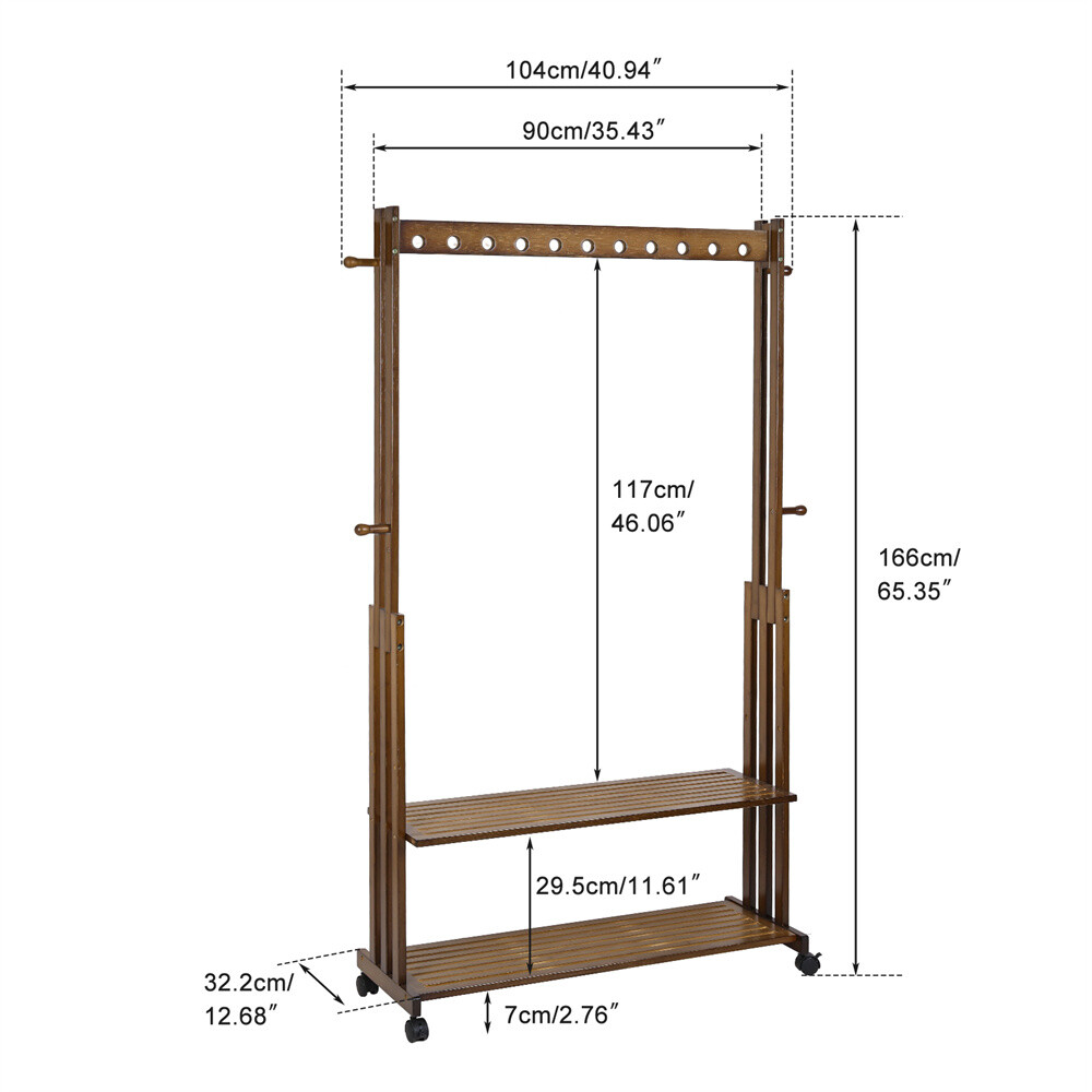Extra Large Bamboo Clothes Rail Rack Garment Stand Adjustable Shelf with Wheels