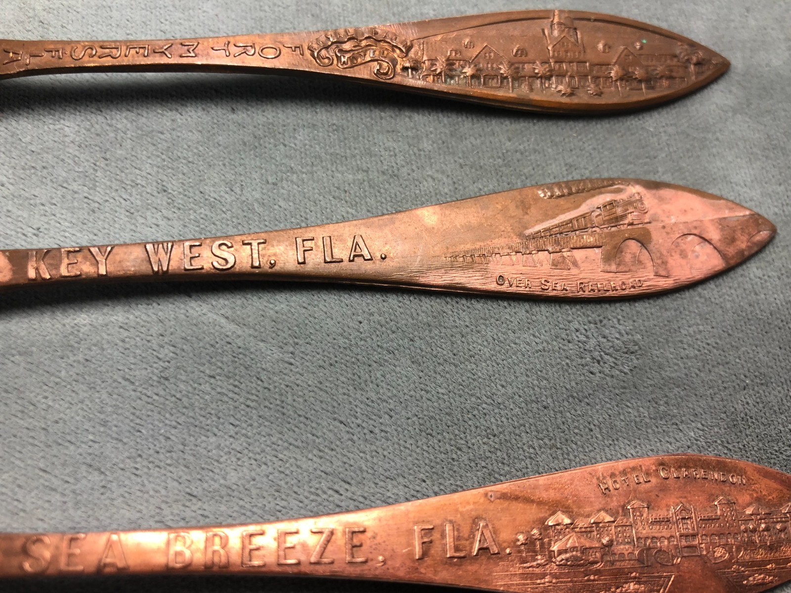 Vintage 1900's Florida Souvenir Copper Spoons Old Hotels - Lot of 6