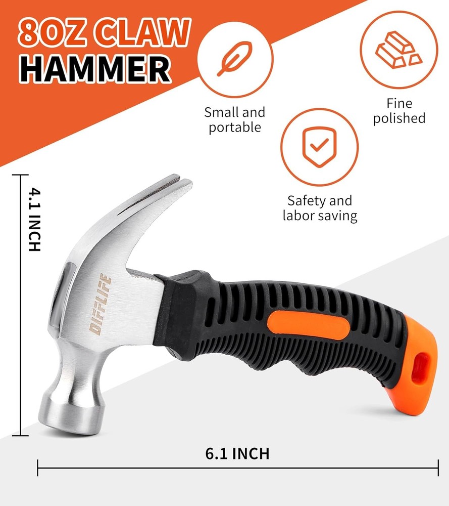 Mini Hammer Set, 8oz Lightweight Tool for Hanging Wall Decor, Hardware Kit