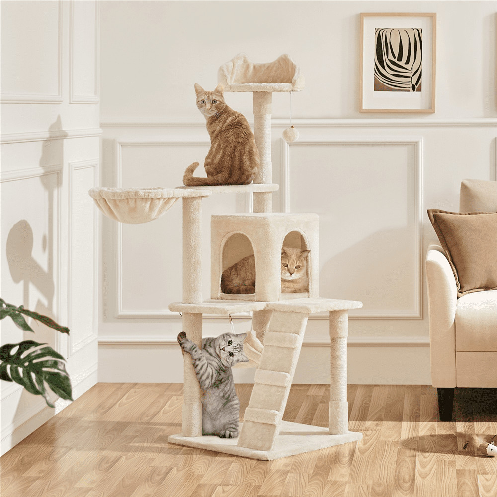 54" Cat Tree with Hammock, Basket and Scratching Post Tower, Beige