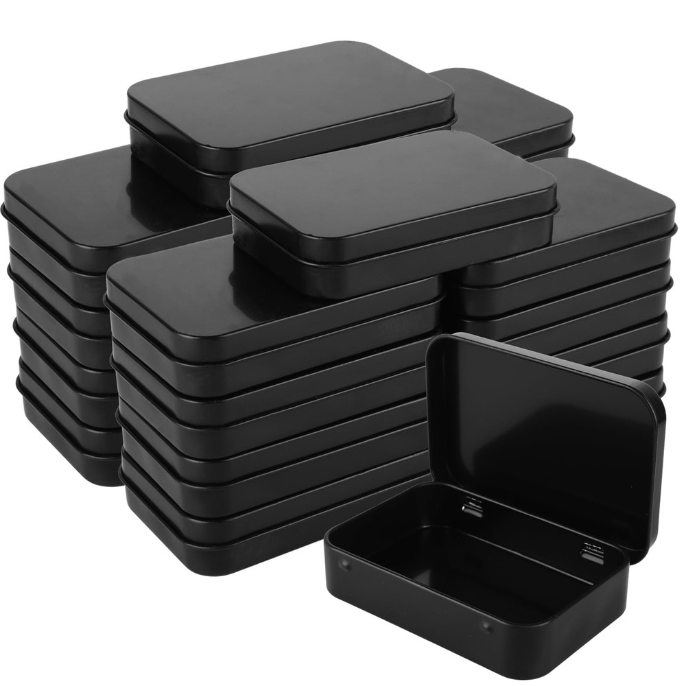 50 Pack Metal Rectangular Empty Hinged Tins Black Mini Tin Boxes Containers 3...