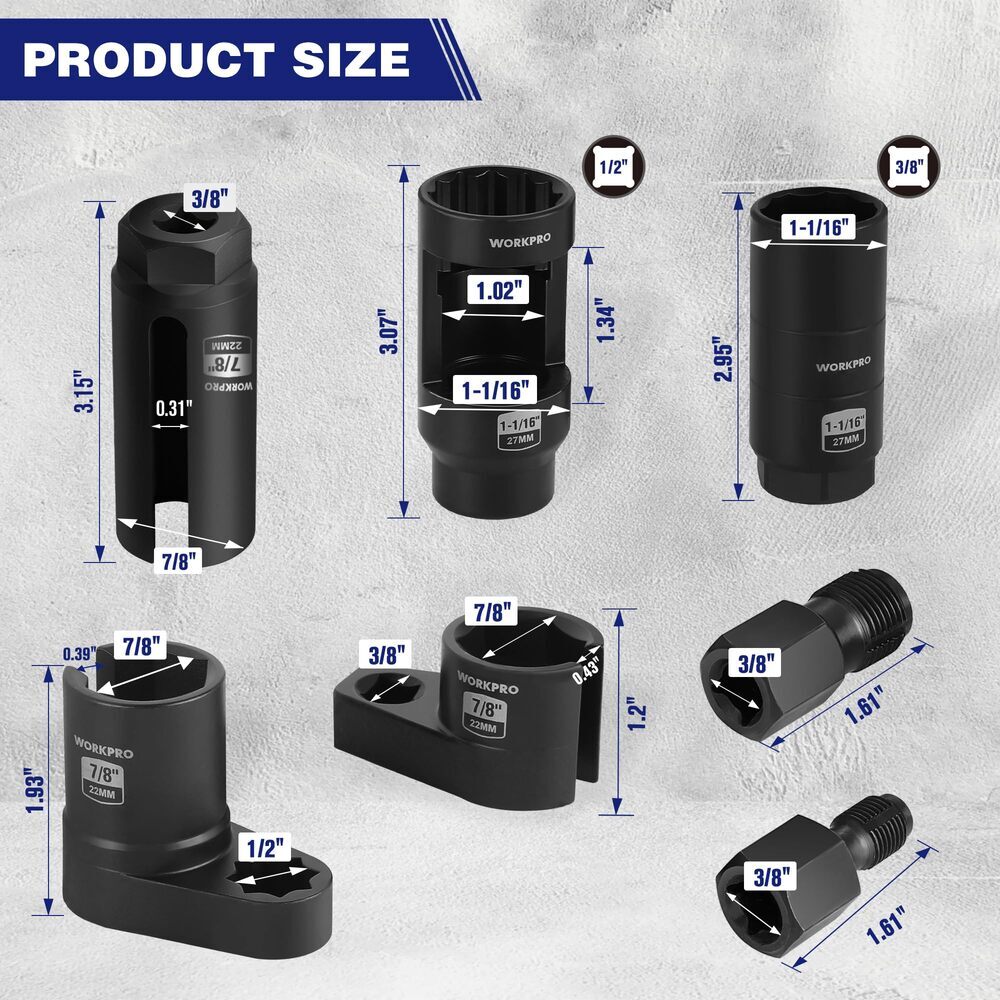 WORKPRO O₂ Oxygen Sensor Socket 7PC Socket Removal Tool Wrench Thread Chaser Set