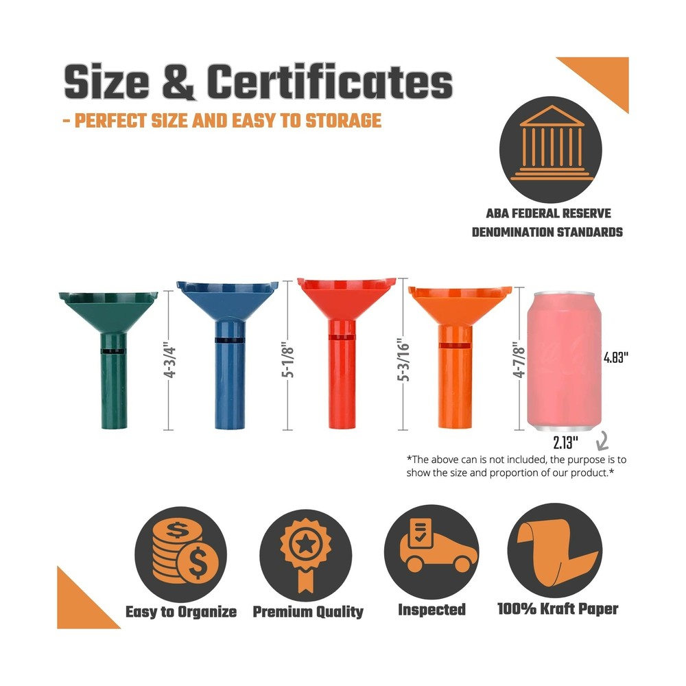 Coin Counters & Coin Sorters Bundle 4 Color-Coded Tubes/100 Assorted Wrappers