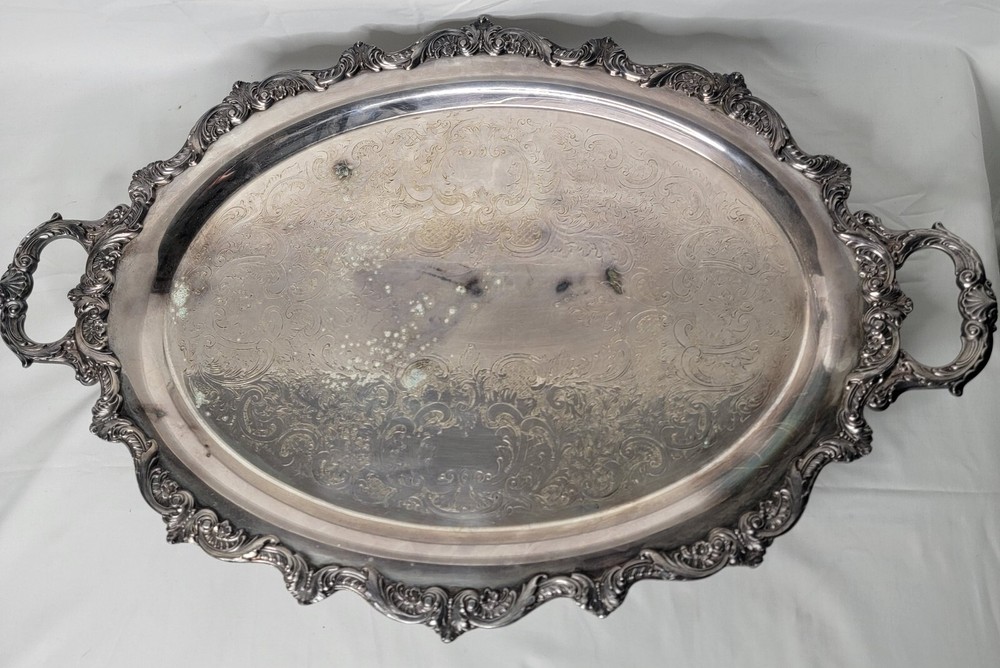 Vtg Poole Silverplate Old English #5000 Oval Footed Handled Serving Tray Large