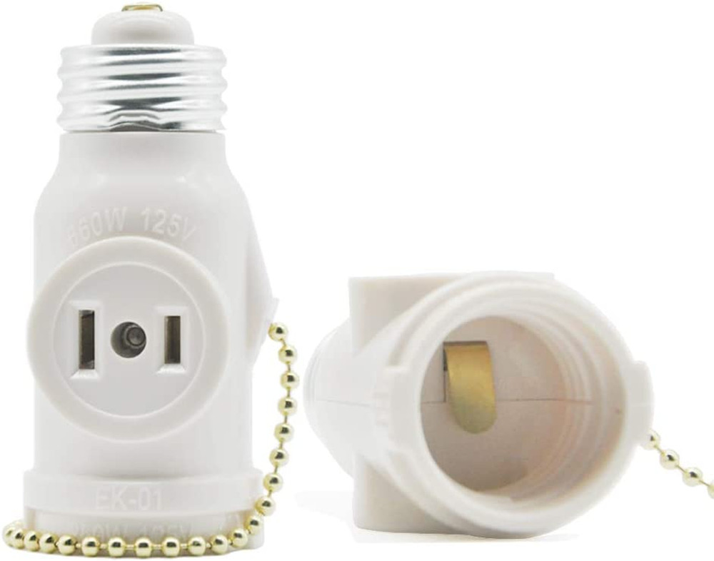 2 Outlet Light Socket Adapter with Pull Chain Switch White Medium Screw 2 Pack
