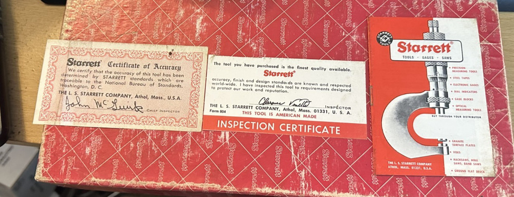 USED STARRETT #124BZ 2"-12" .001" SOLID-ROD INSIDE MICROMETER W/CASE & PAPERS
