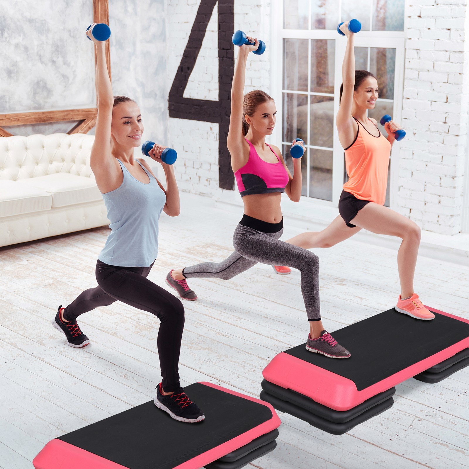 43'' Exercise Aerobic Step Platform Adjustable Fitness Stepper w/4 Risers Pink