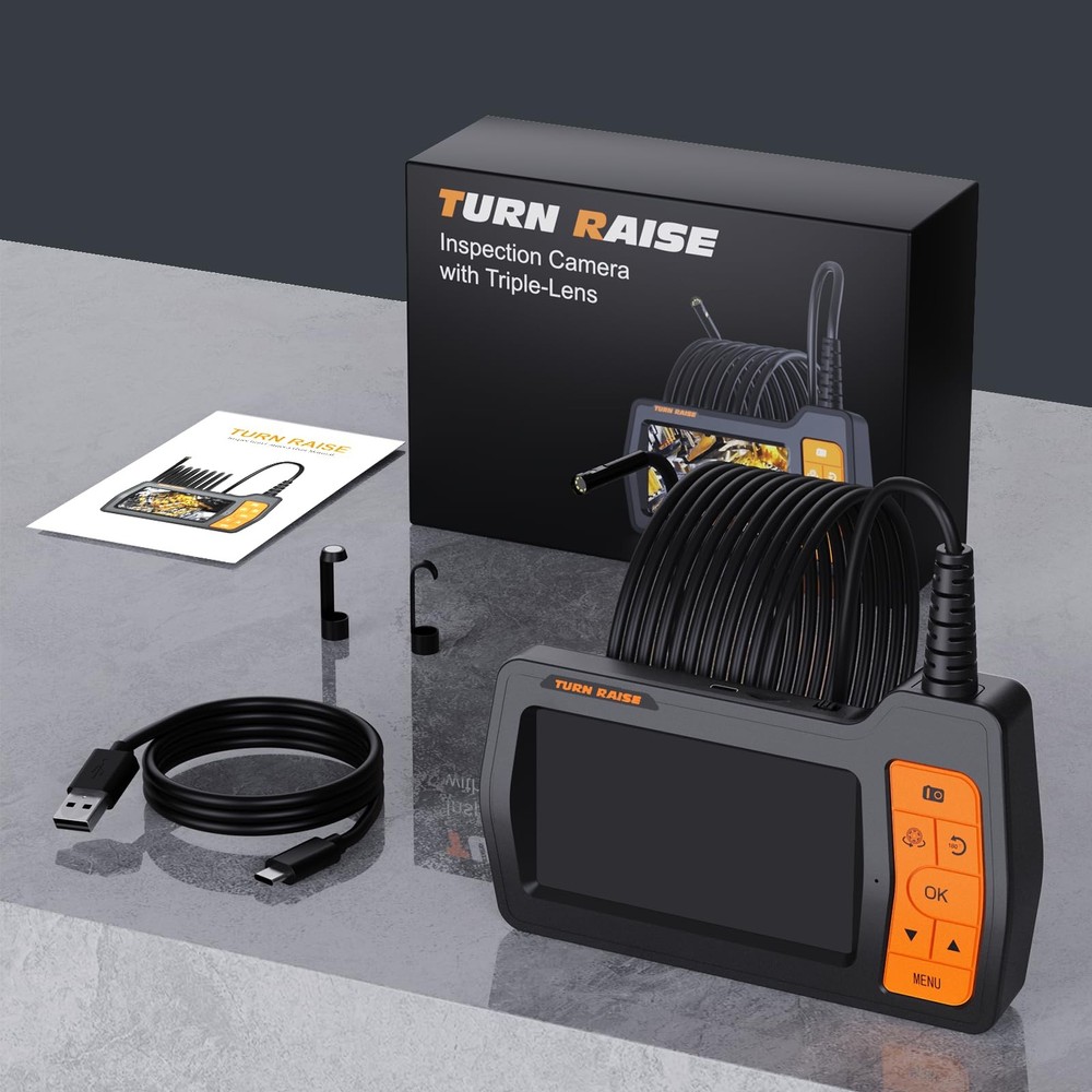 Triple Lens Inspection Drain Camera, 5 IPS Split Screen Borescope with Light & 3