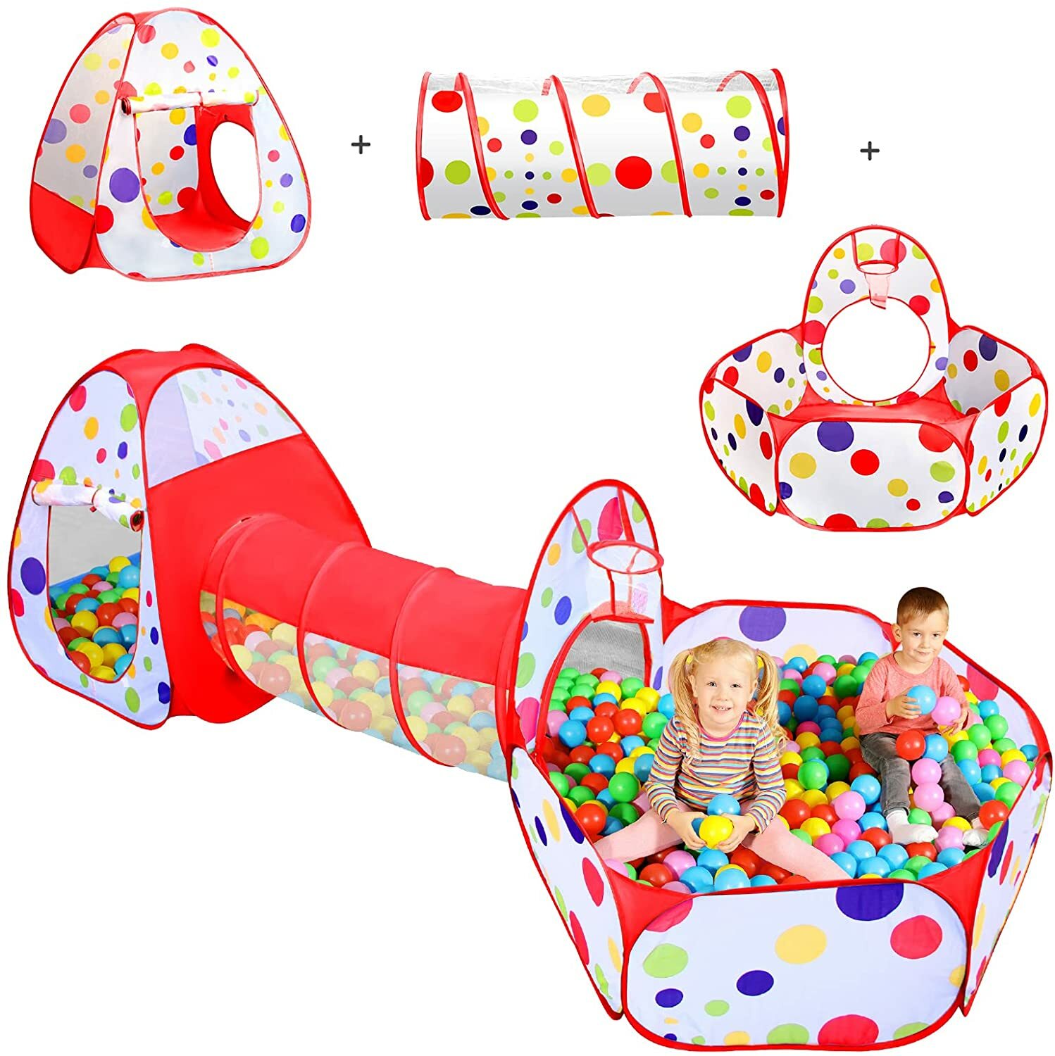 3-in-1 Kids Play Tents Crawl Tunnels & Ball Pit Playhouse Tent Indoor/Outdoor