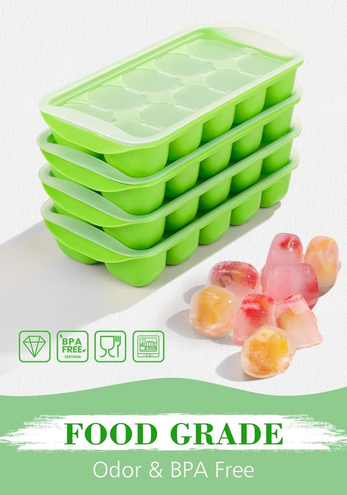 Ice Cube Tray W/ Lid & Bin 4 Pack Ice Bucket Kits Stackable Silicone Ice Trays