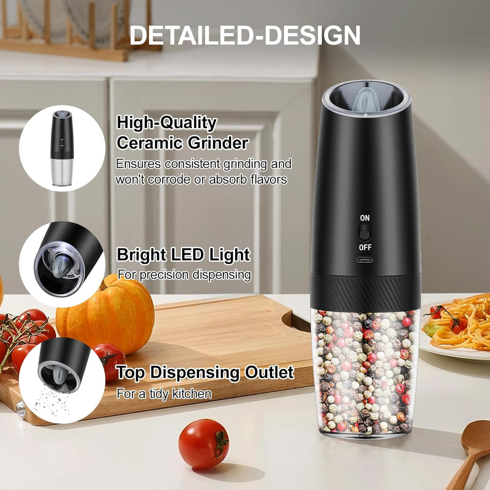 Automatic Electric Gravity Salt and Pepper Grinder Set Black-2pcs