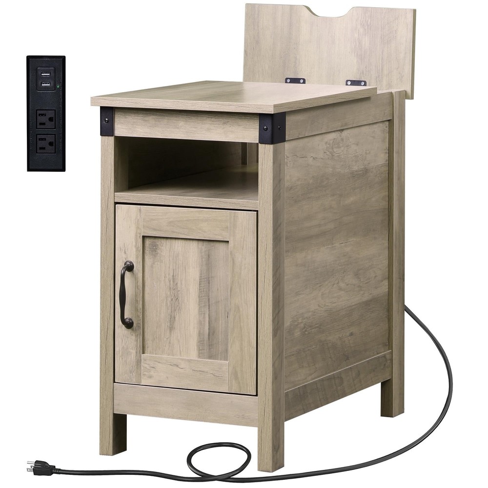 Side Table with Charging Station Narrow End Table with Storage Night