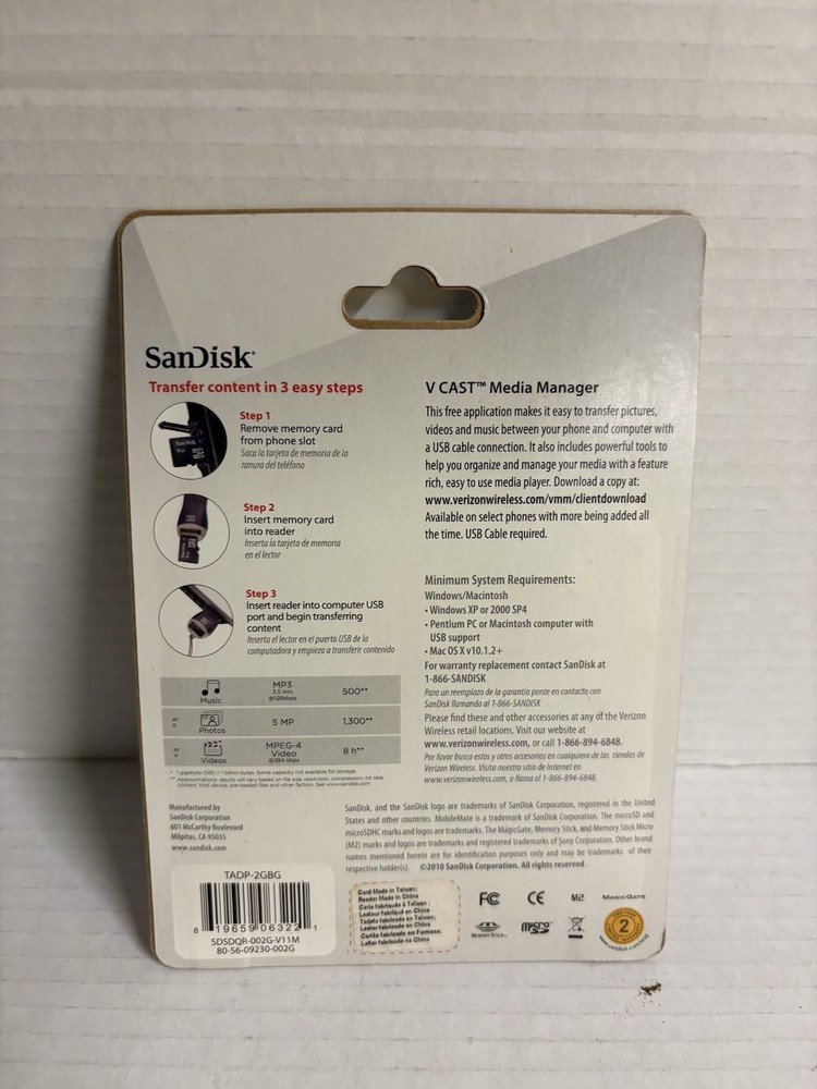 Verizon SanDisk 2GB Memory Card & MobileMate Micro Memory Card Reader