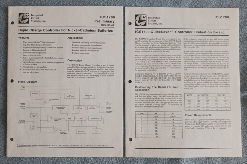 ICS1700 Rapid Charge Controller For NiCad Batteries-Data Sheet & Eval Board