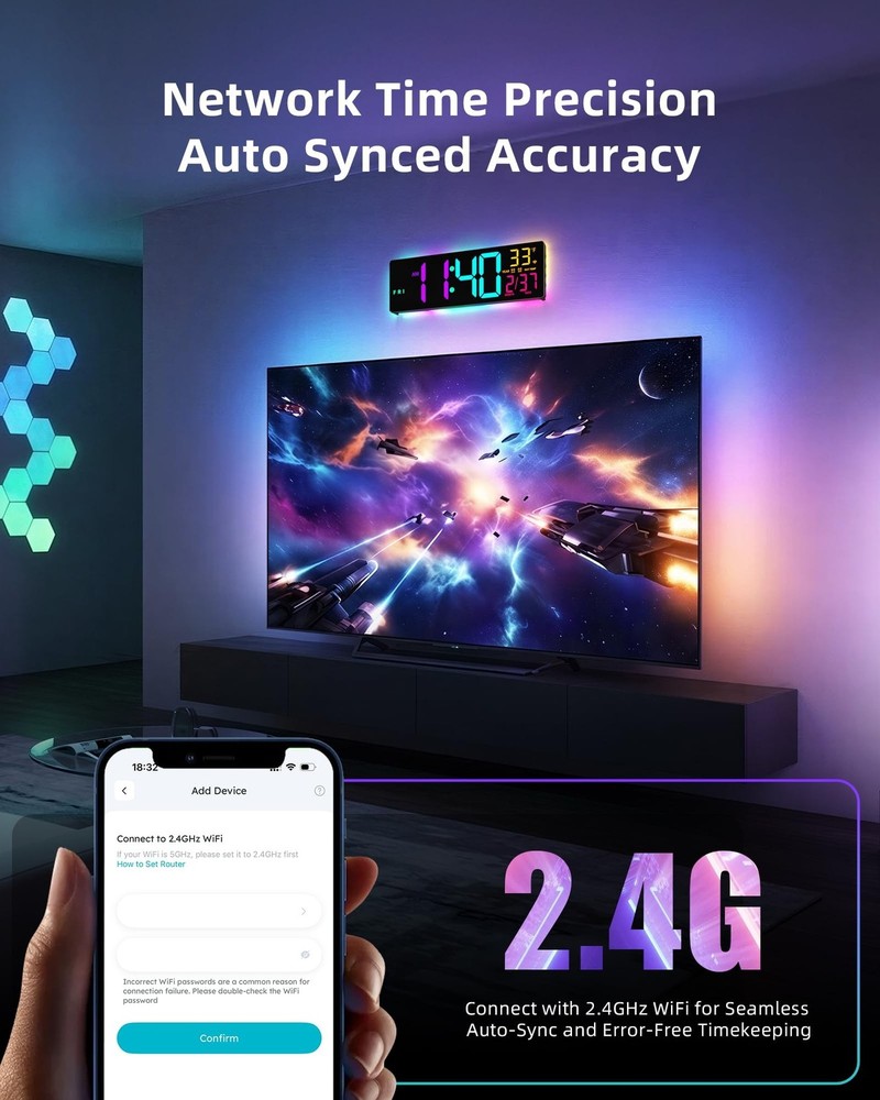 Smart Digital Wall Clock with App Control, 16.5” Large RGBIC Wall Clock wi