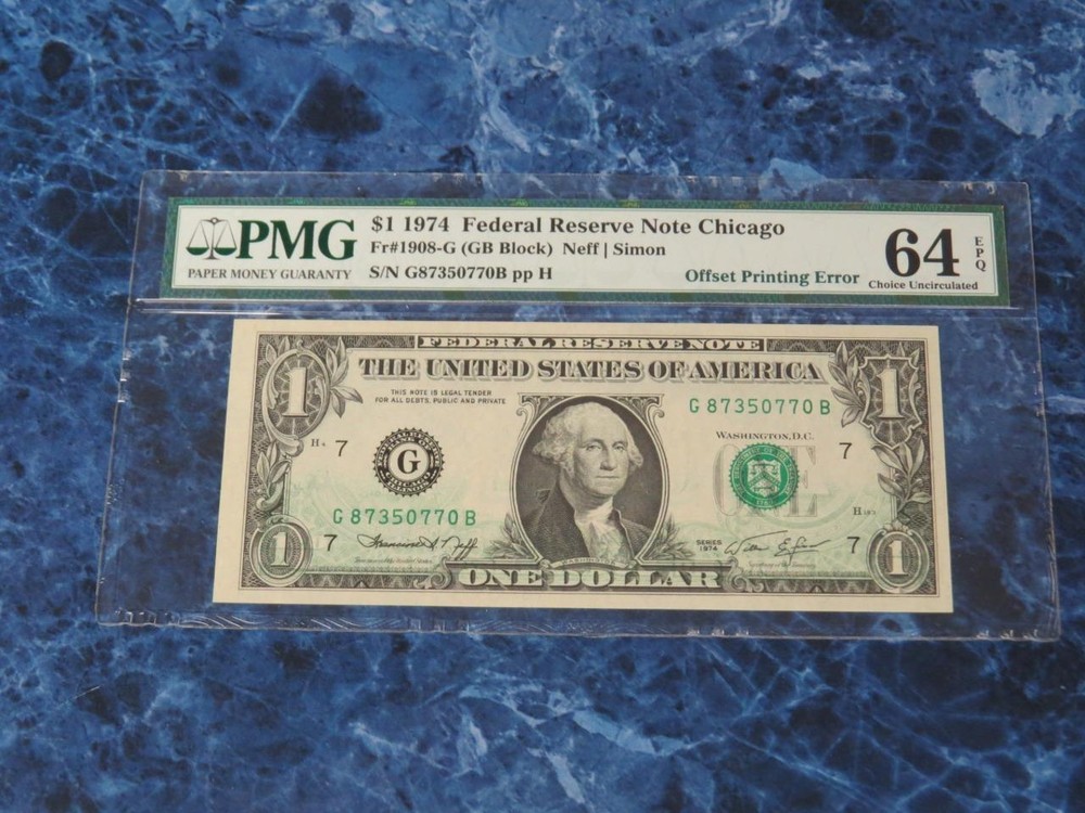 2 1974 $1 FR Notes Chicago Offset Printing Error PMG 64EPQ – Consecutive Serials