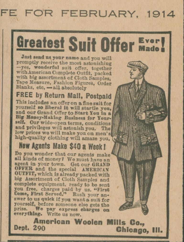 1914 American Woolen Mills Greatest Suit Offer Ever Made Agents Chicago Ad HL1