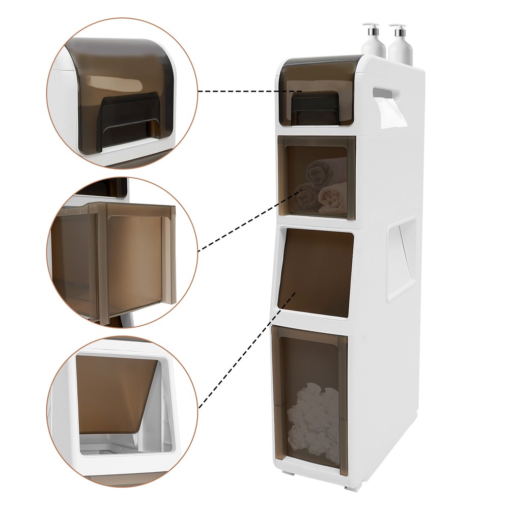 4 Tier White Rectangular Storage Cabinet With Drawers Bathroom Floor Cabinet